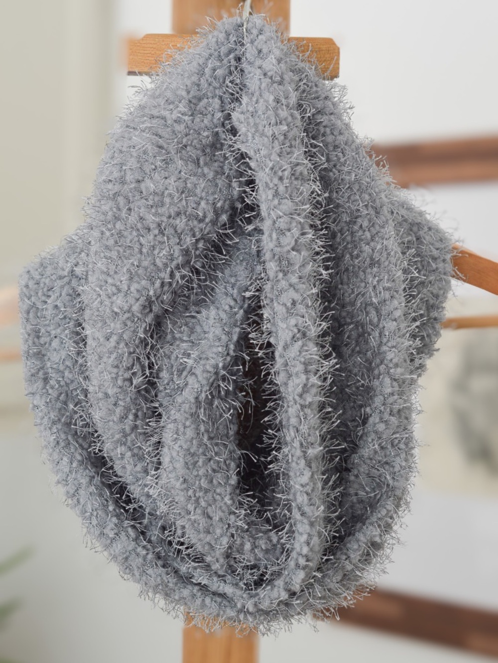 Silver Gray Fuzzy Eyelash Knit Infinity Scarf Chunky Cowl Loop